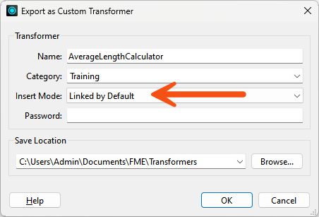 Filling out the dialog to export the custom transformer